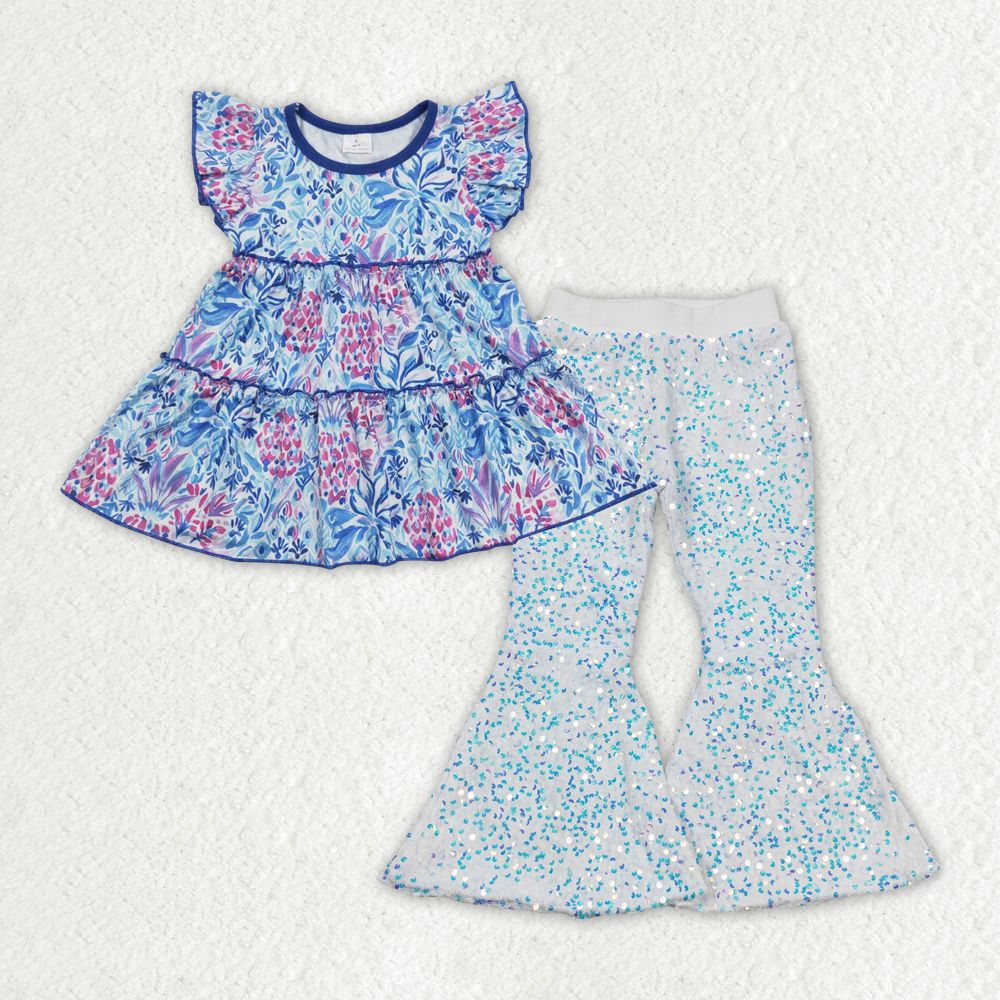 GSPO1499 BABY GIRL CLOTHES BLUE FLOWER GIRL SEQUIN BELL BOTTOM PANT SET