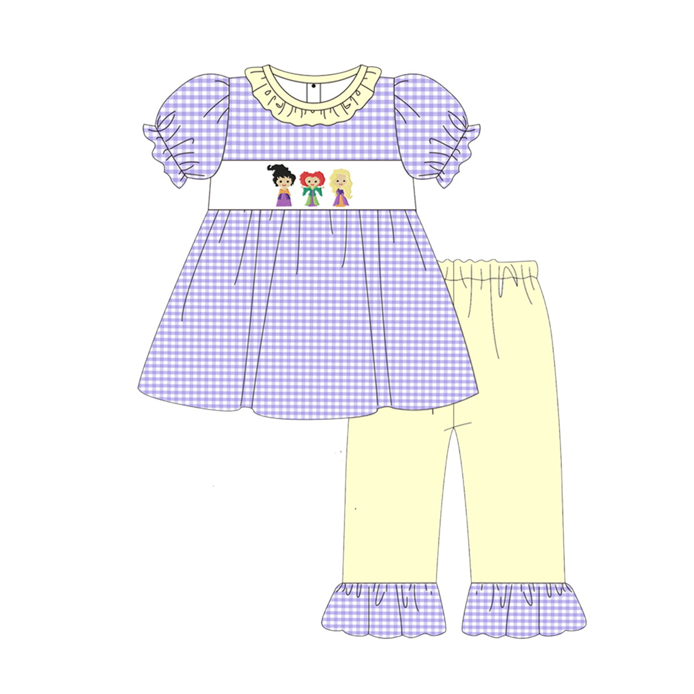 GSPO1535 Witch Purple Plaid Short Sleeve Yellow Pants Suit