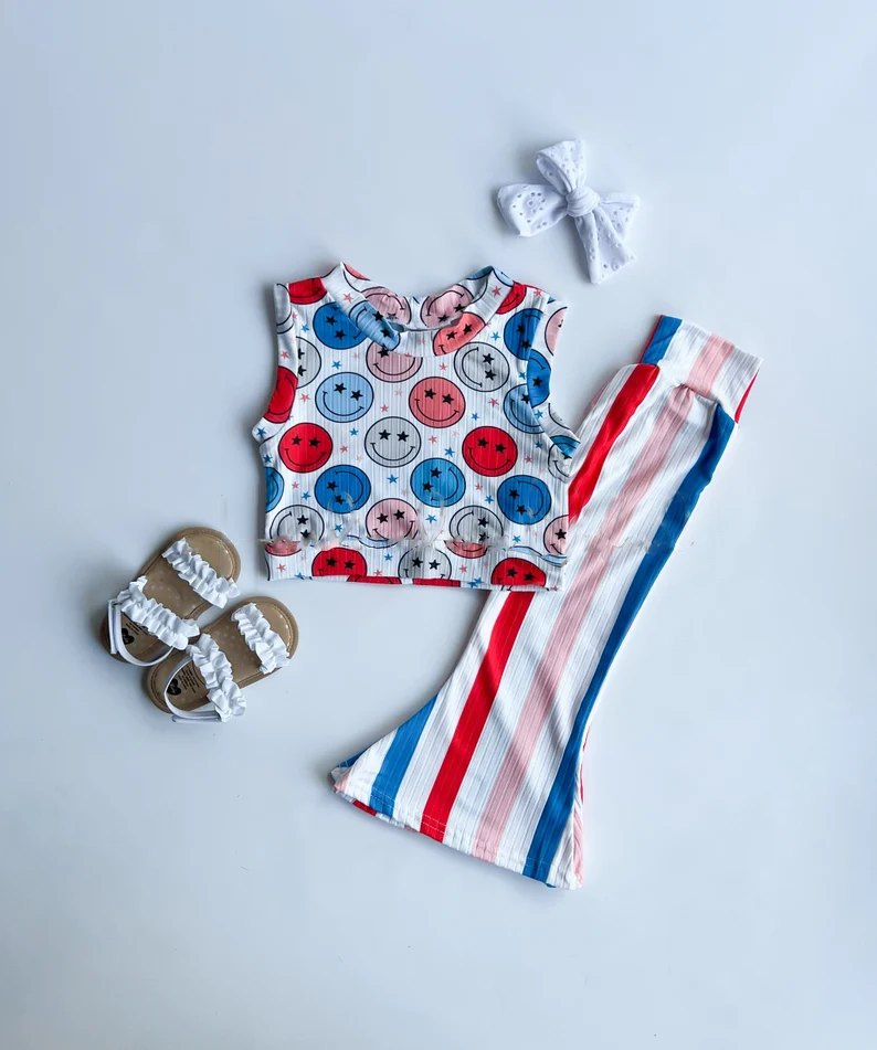 presale GSPO1561 National Day Star Smiling White Sleeveless Red and Blue Striped Pants Suit