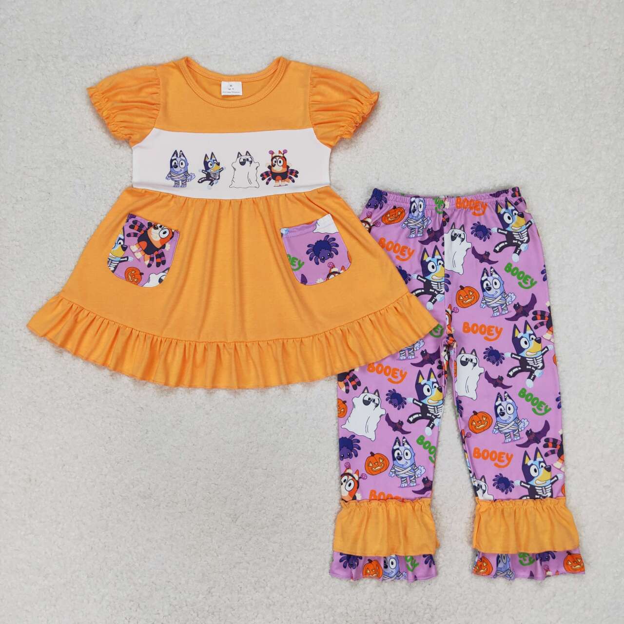 GSPO1569 Halloween Spider Pumpkin Pocket Orange Short Sleeve Pants Suit