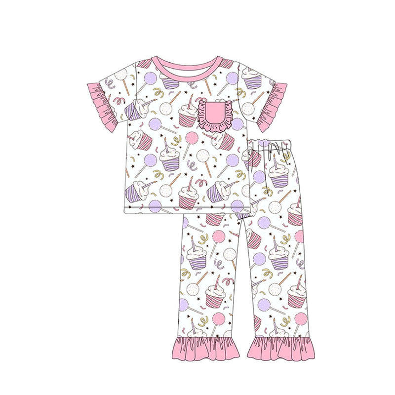 presale GSPO1575 Birthday Candle Cake Pink Lace Pocket Short Sleeve Long Pants Pajama Set
