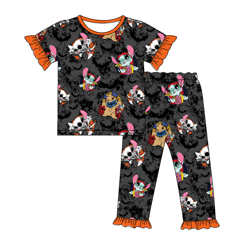 GSPO1580 Halloween Bat Orange Lace Black Gray Short Sleeve Long Pants Pajama Set