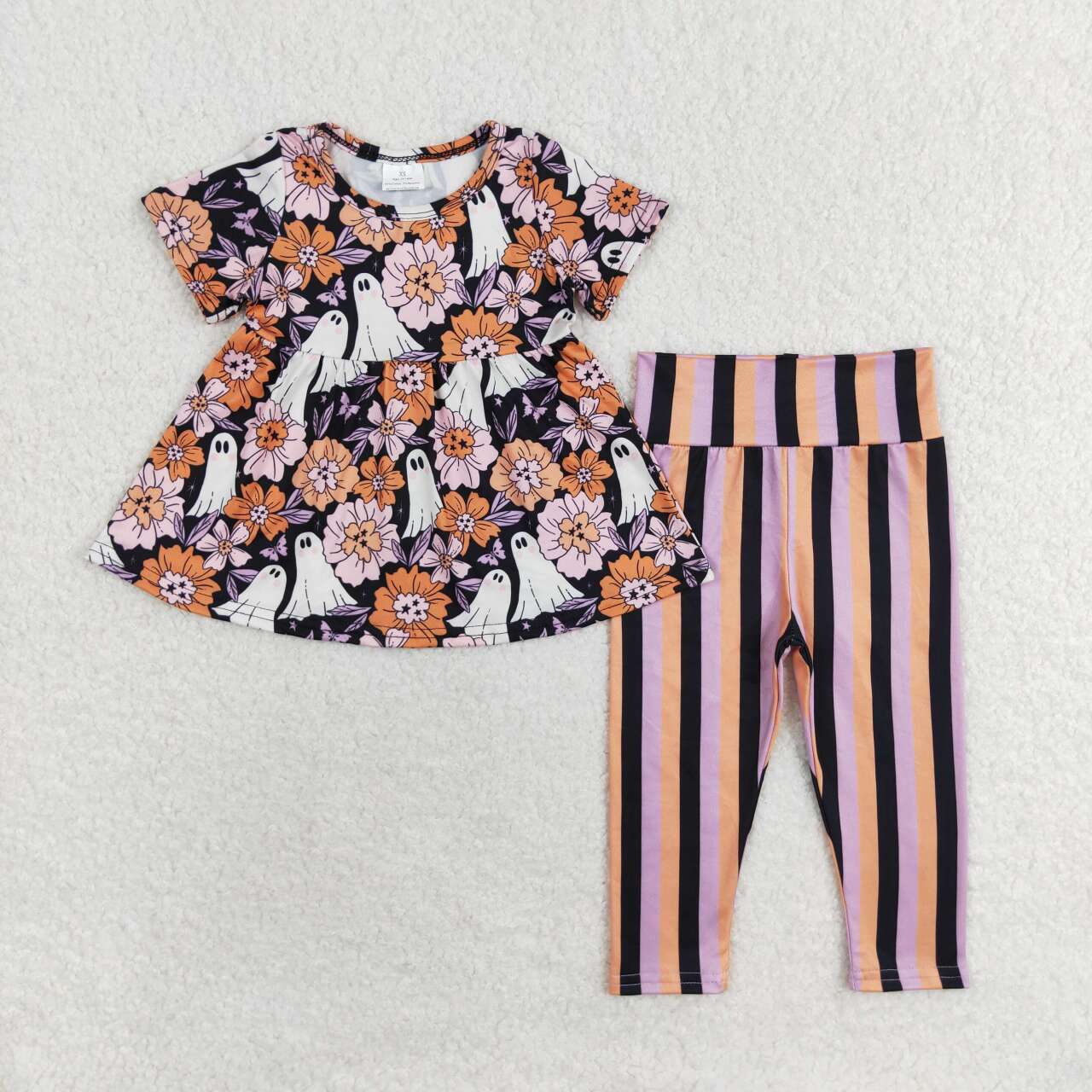 GSPO1617 Flower Ghost Short Sleeve Purple Orange Black Striped Pants Suit