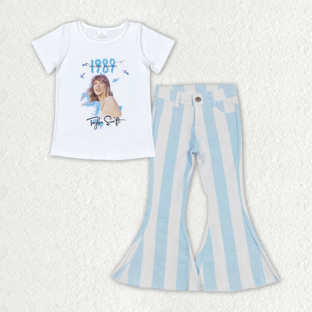 GSPO1655 Baby Girls Shirt Top Blue Stripes Denim Jeans Pants Clothes Sets