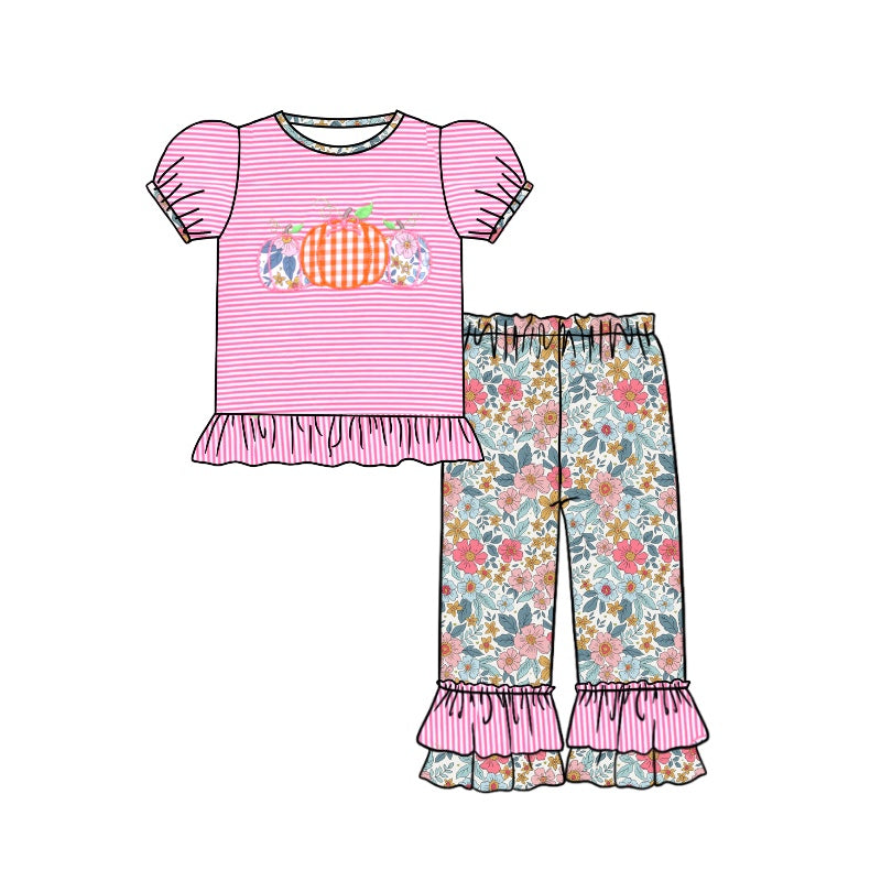 presale GSPO1689 Pumpkin Pattern Pink Striped Short Sleeve Top Floral Lace Pants Set 2024 7.29