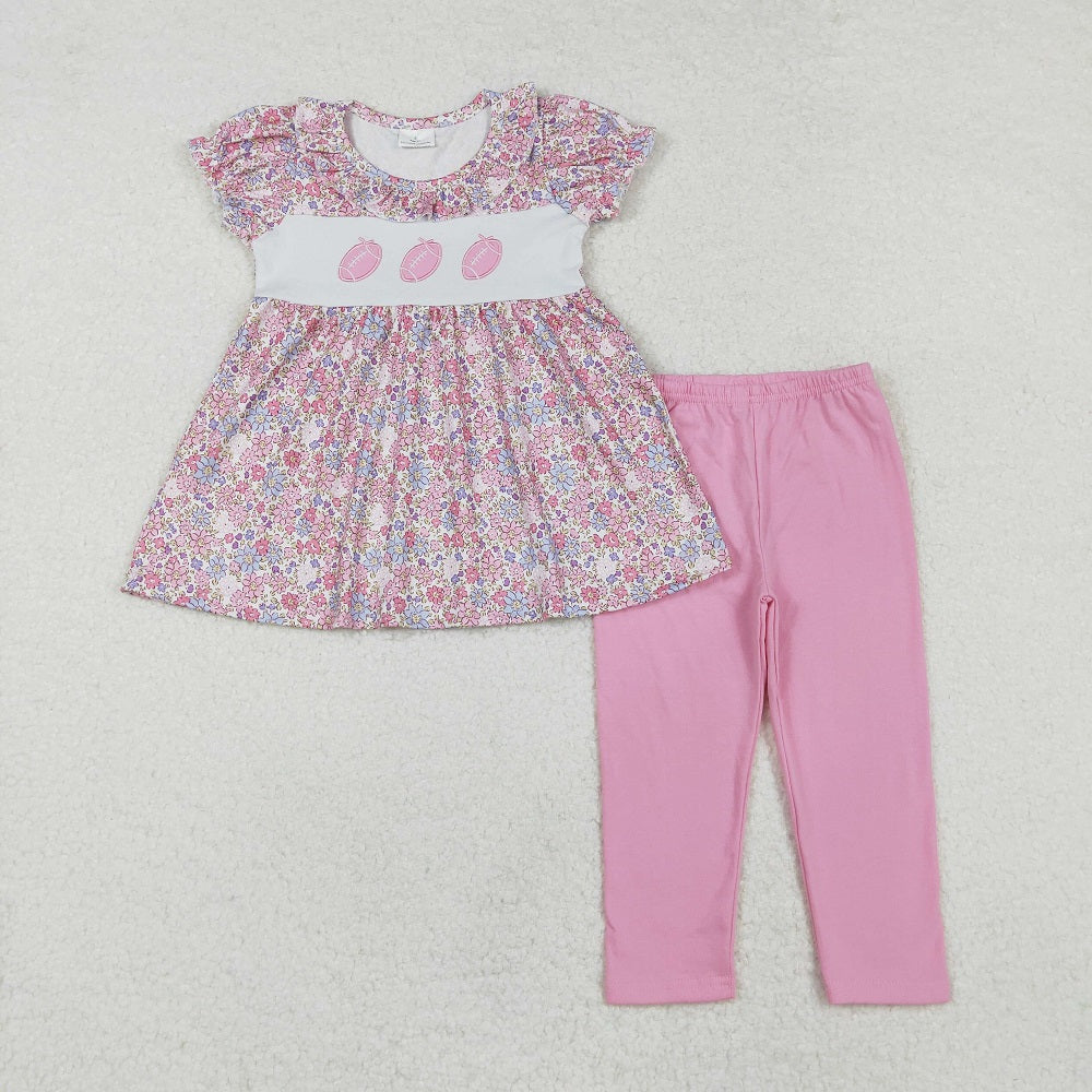 GSPO1714 Embroidered Bow Rugby Flower Lace Short Sleeve Pants Set