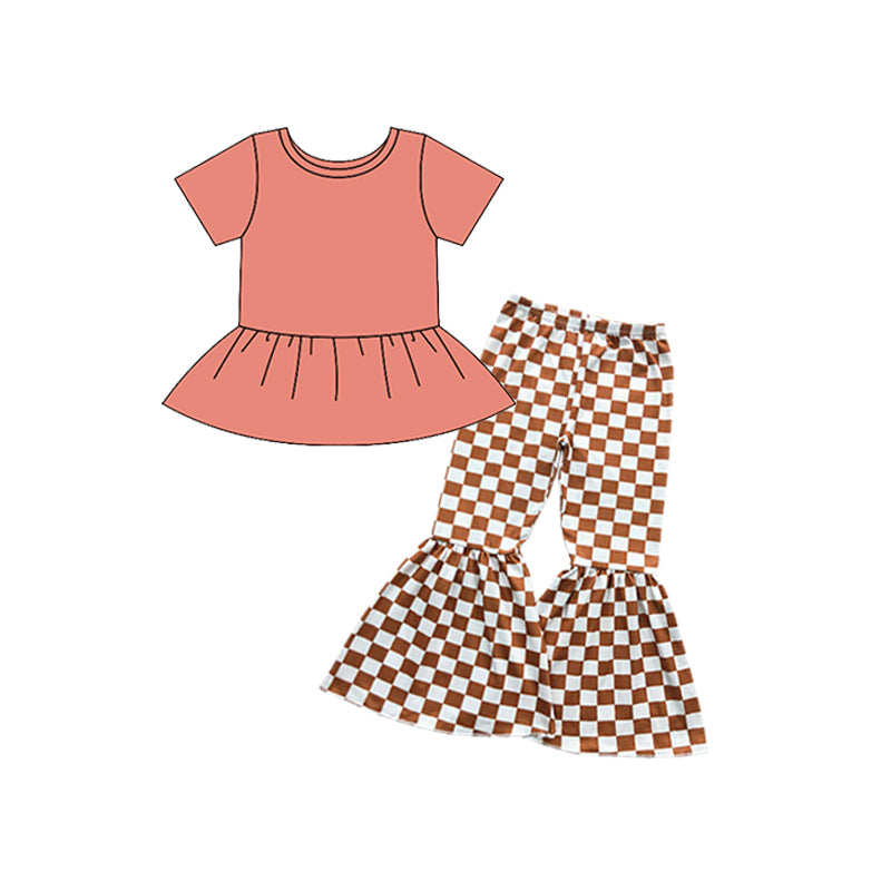 presale GSPO1716 Baby Girls Coral Tunic Checkered Bell Pants Set 2024 8.29