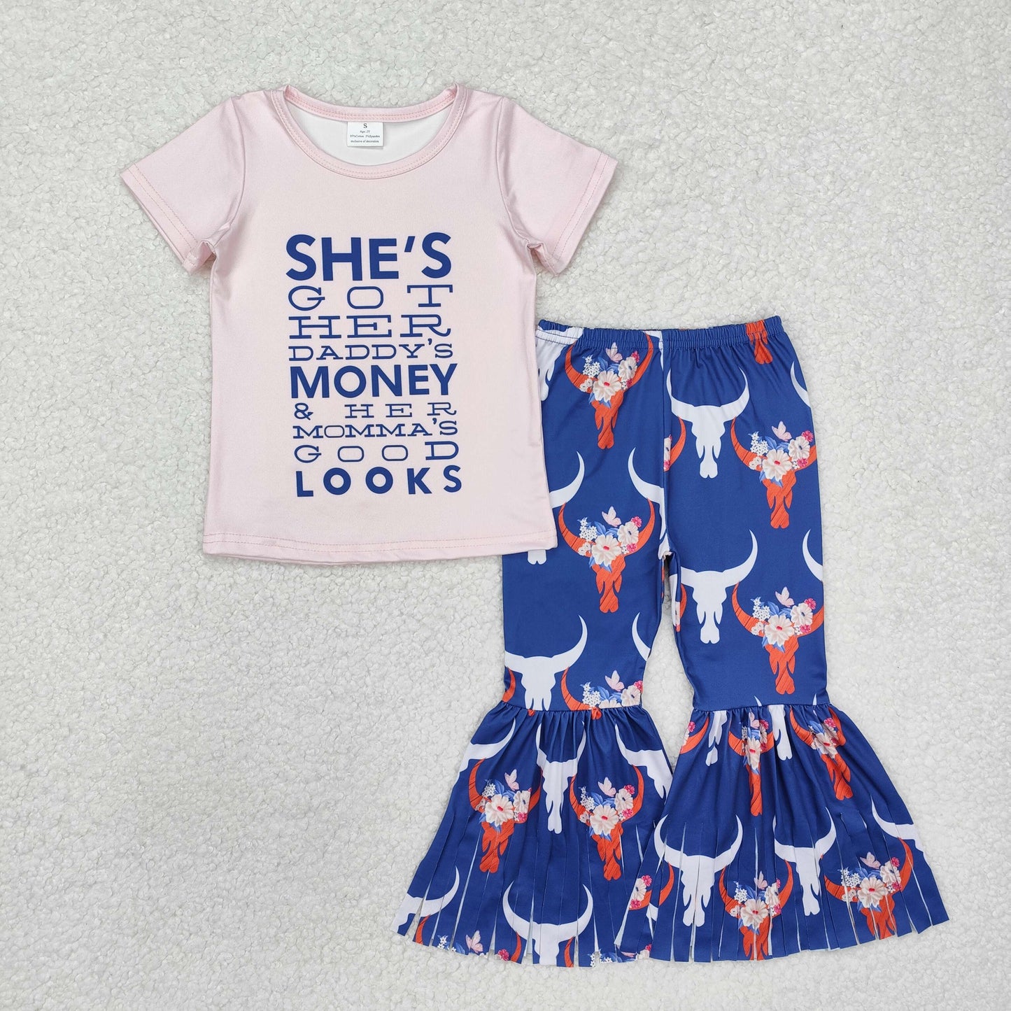 GSPO1720 Pink short-sleeved alpine bull head tassel blue trousers suit with letters