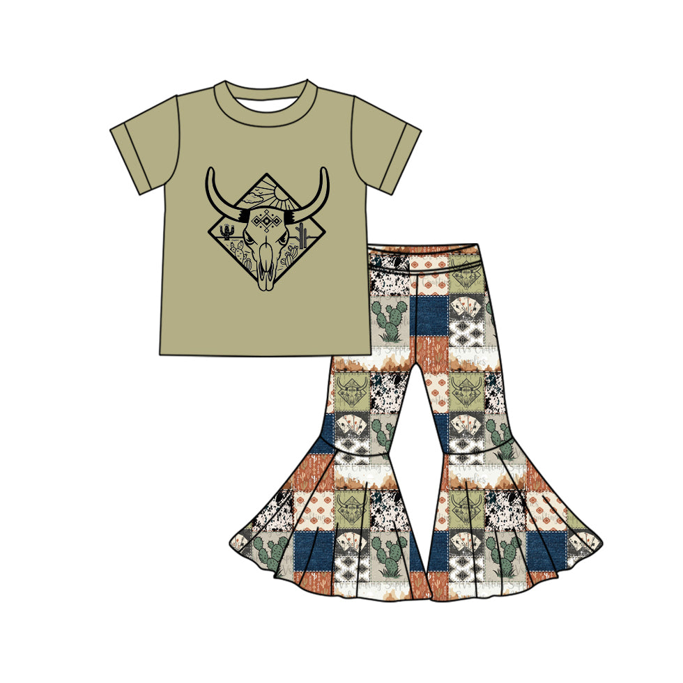 presale GSPO1730 Girls Alpine Bullhead Green Short Sleeve Cactus Plaid Pant Suit 2024 9.27