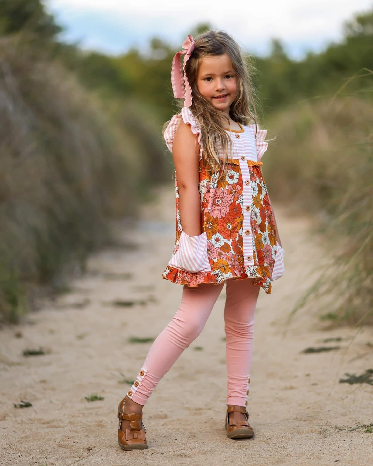 presale GSPO1741 Orange Flower Pink Stripe Pocket Button Fly Sleeve Trousers Set 2024 10.8