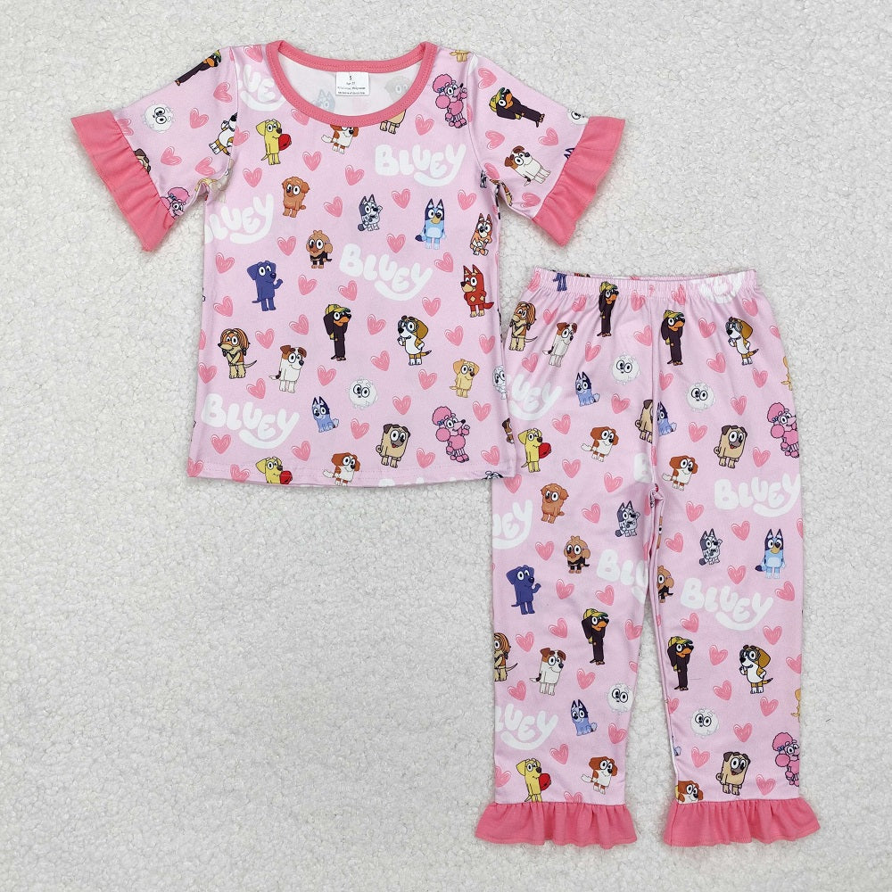 GSPO1760 Valentine's Day Love Heart Lace Pink Short Sleeve Long Pants Pajama Set