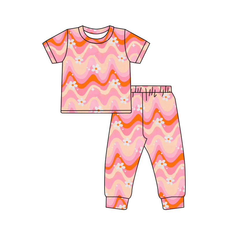 presale GSPO1762 Flower Pink and Orange Striped Short Sleeve Long Pants Pajama Set 2024 10.14