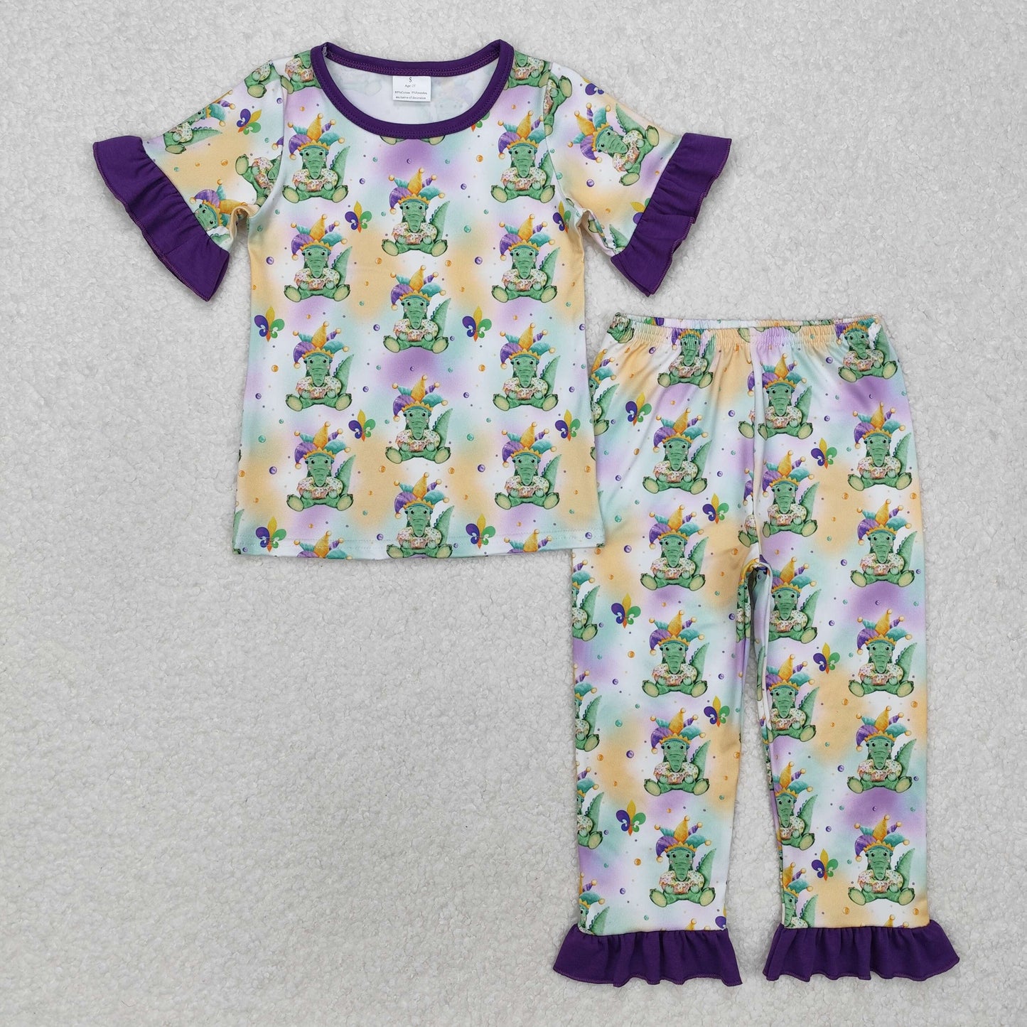 GSPO1766 Carnival Crocodile Purple Lace Short Sleeve Long Pants Pajama Set