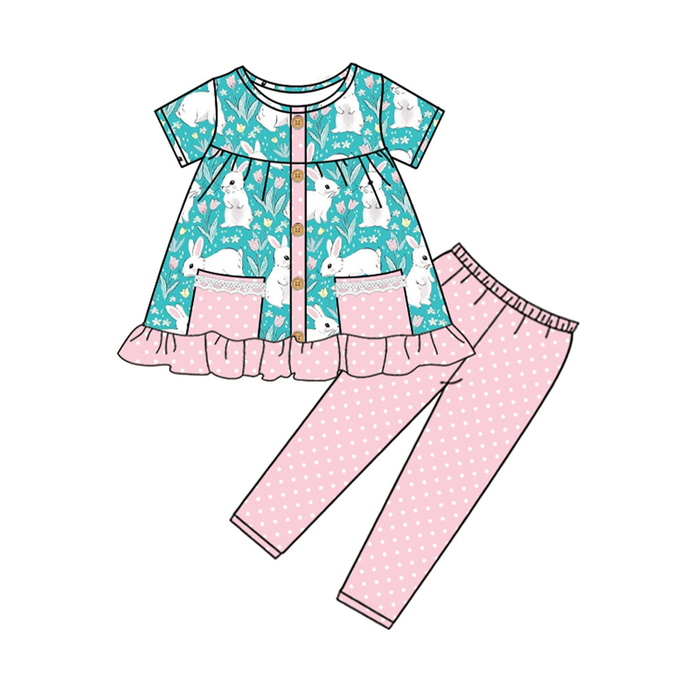 presale GSPO1768 Easter Bunny Flower Polka Dot Pink Lace Button Short Sleeve Pants Set 2024 10.14