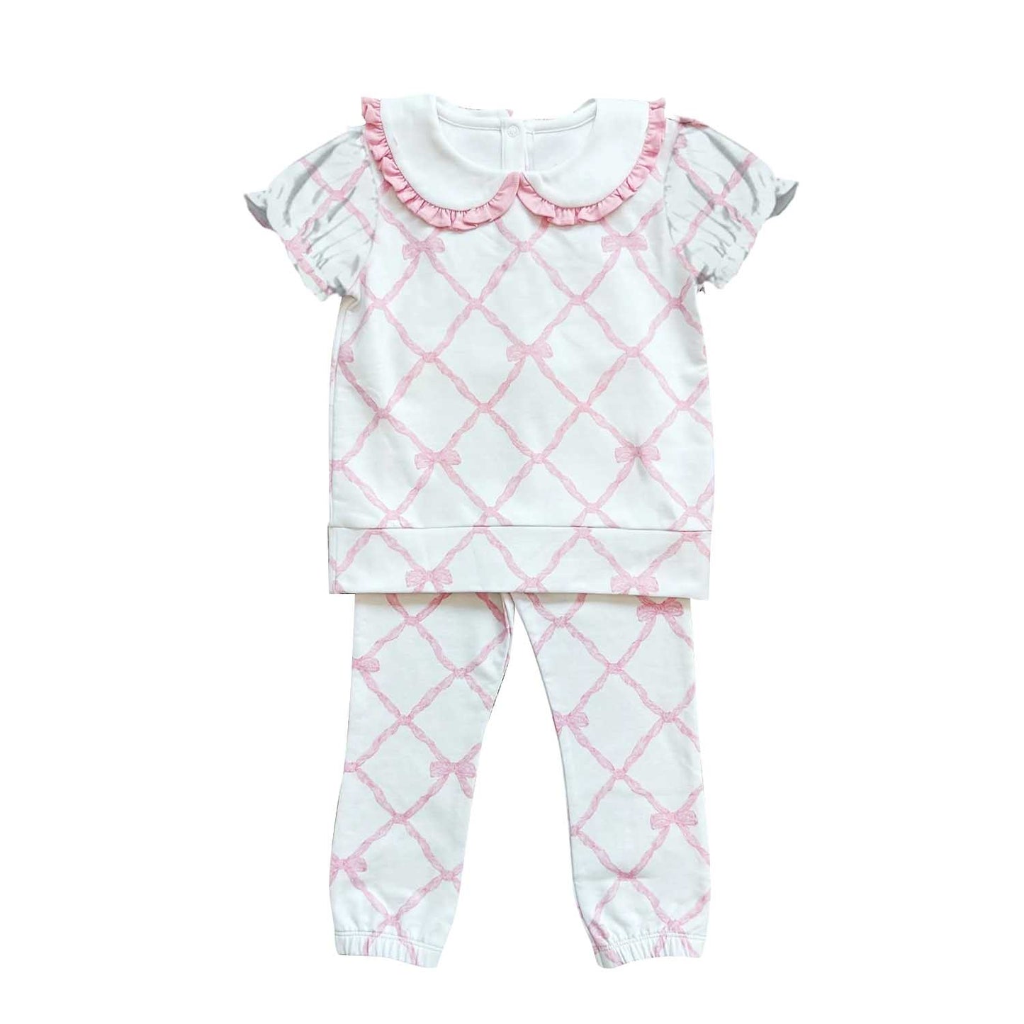 presale GSPO1791 Pink lace bow pattern baby collar white short-sleeved trousers suit 2024 10.22