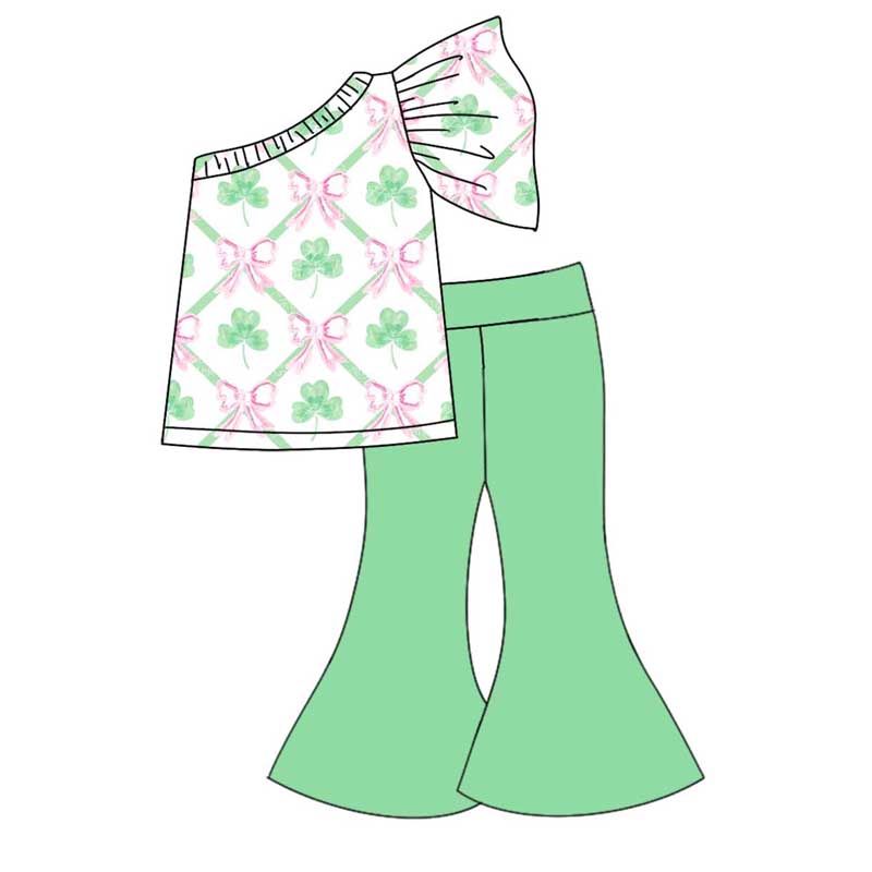 GSPO1793 Green trouser suit with one-shoulder sleeves and four-leaf clover bow pattern