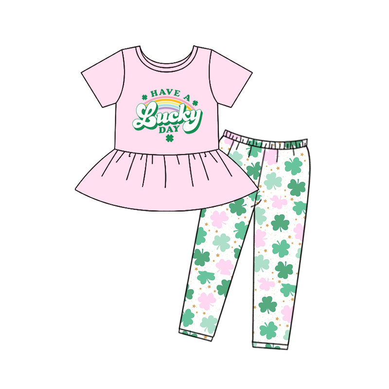 Presale GSPO1812 Pink short-sleeved trousers suit with rainbow letters and four-leaf clover 2024 10.31