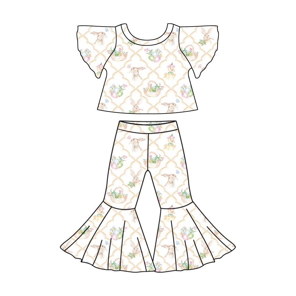 presale GSPO1829 Easter Bunny Flower Basket Plaid White Fly Sleeve Pants Set 2024 .11.9
