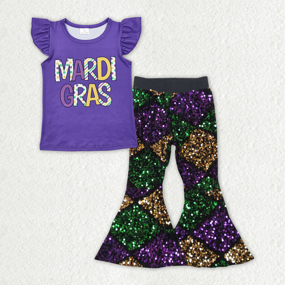 GSPO1831 Baby Girls Mardi Gras Top Colorful Sequin Pants Clothes Sets