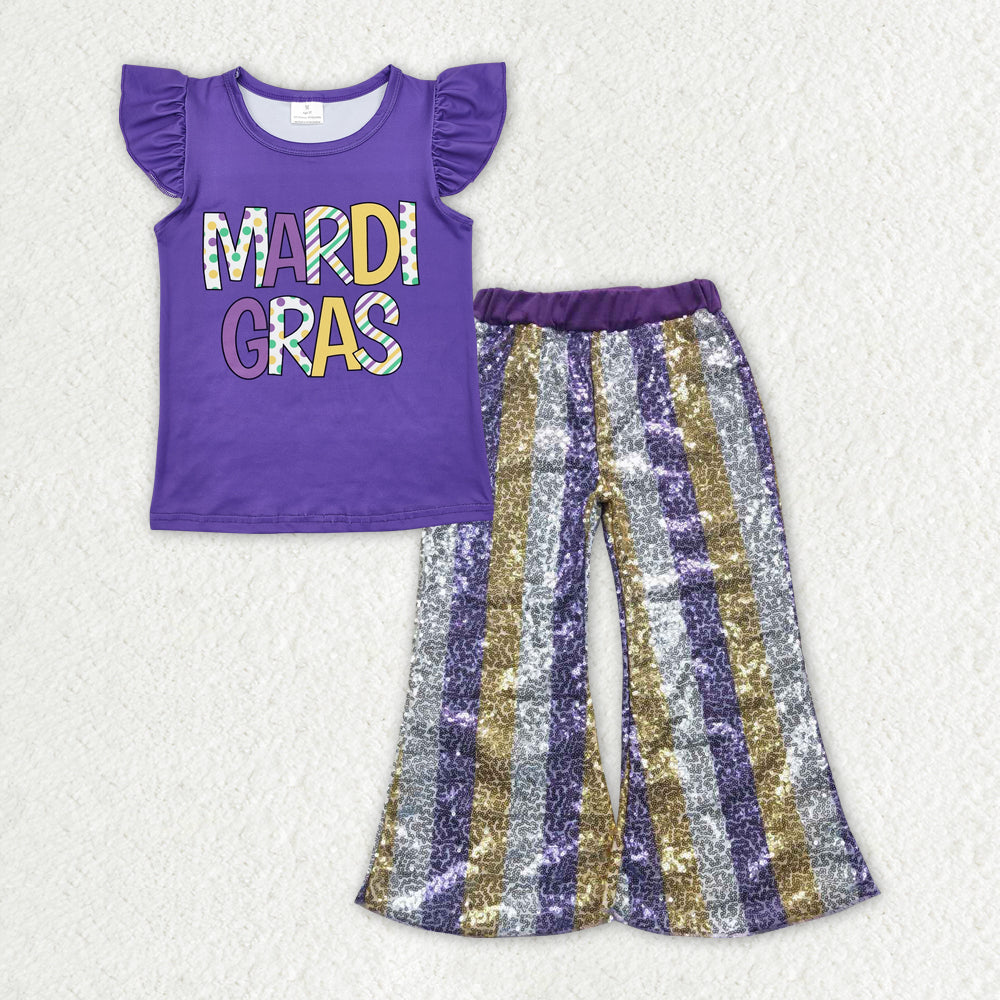 GSPO1832 Baby Girls Mardi Gras Top Grey Stripes Sequin Pants Clothes Sets