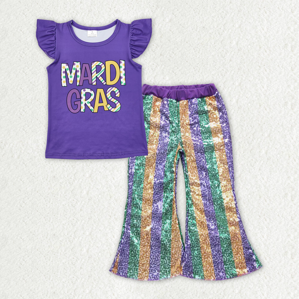 GSPO1833 Baby Girls Mardi Gras Top Green Stripes Sequin Pants Clothes Sets