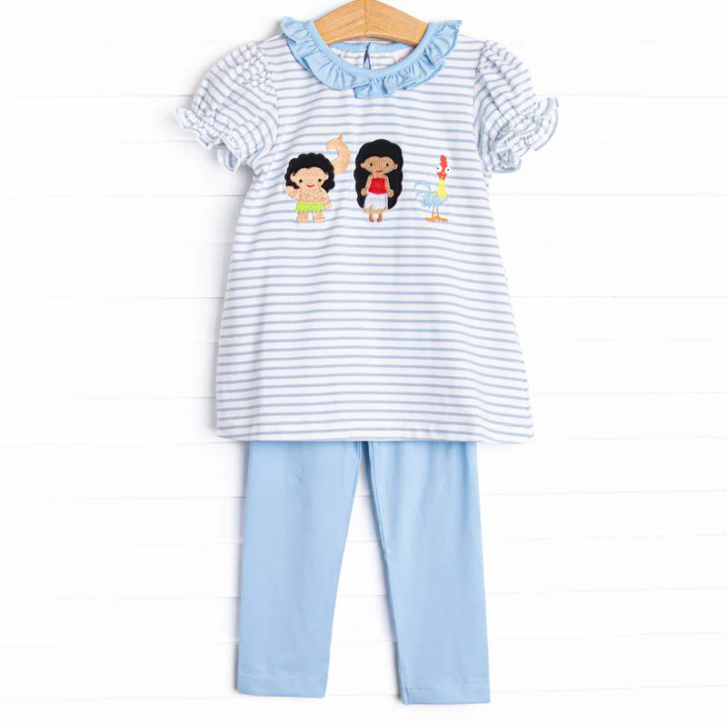 presale GSPO1835 Cartoon Girl Chicken Stripe Blue Lace Short Sleeve Pants Suit 2024 11.13