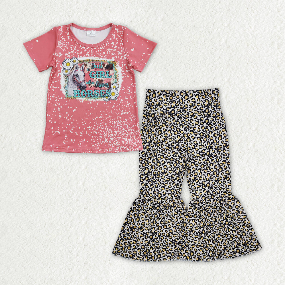 GSPO1839 Baby Girls Western Horses Shirt Leopard Bell Pants Clothes Sets