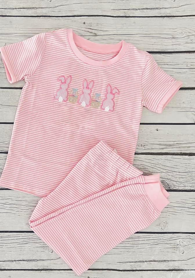 presale GSPO1844 Easter Bunny Basket Pink Striped Short Sleeve Long Pants Pajama Set 2024 11.18