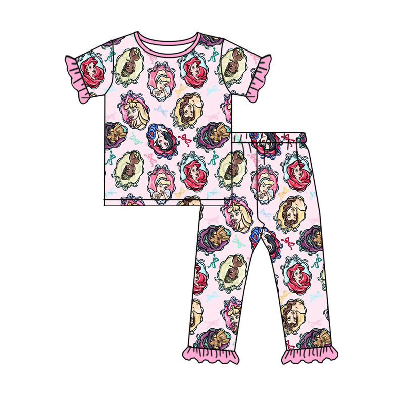 GSPO1846 Princess Colorful Bow Pattern Pink Lace Short Sleeve Long Pants Pajama Set