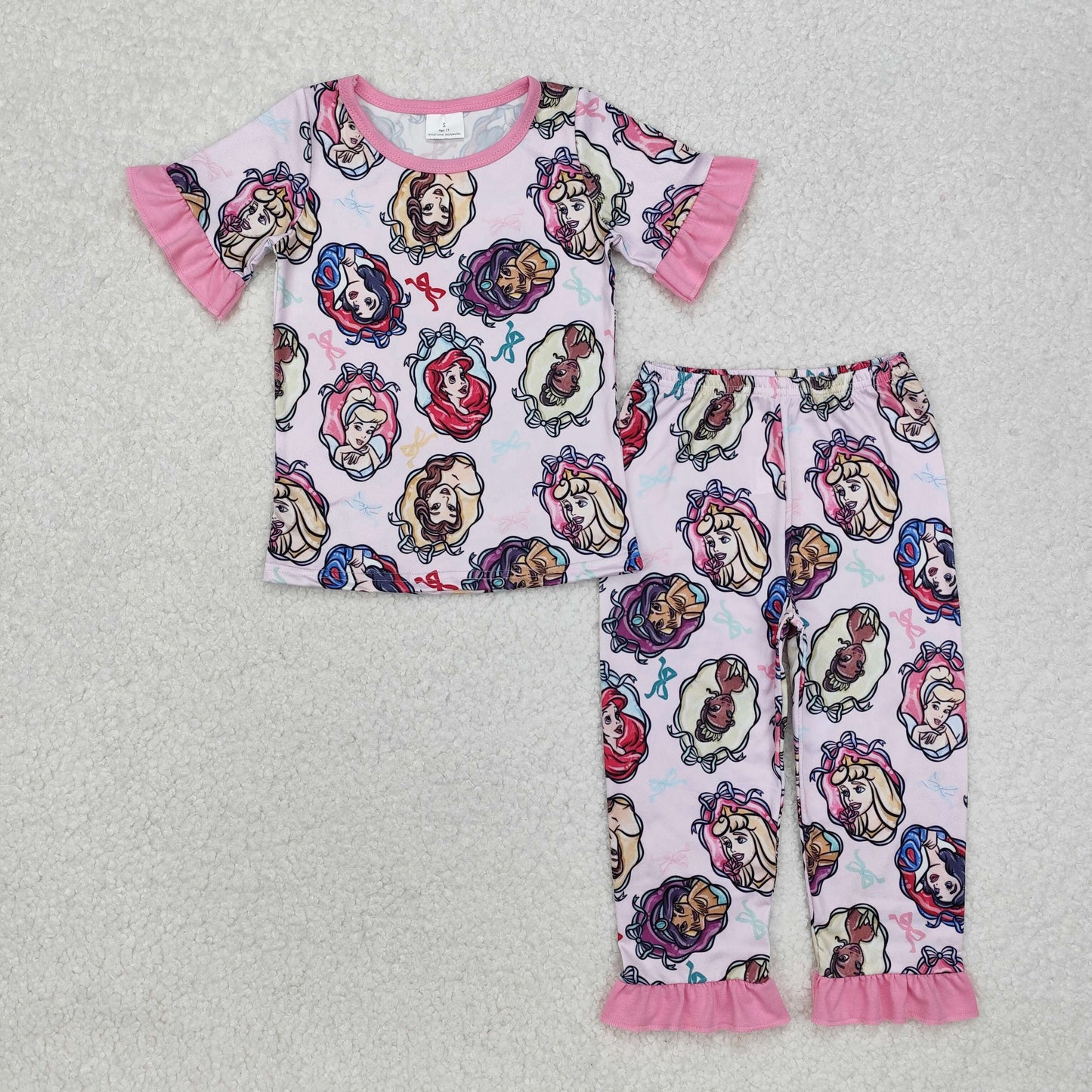 GSPO1846 Princess Colorful Bow Pattern Pink Lace Short Sleeve Long Pants Pajama Set