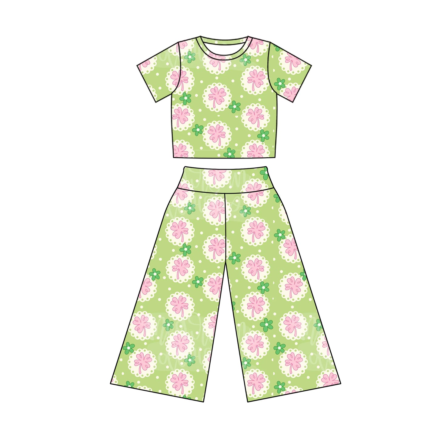 presale GSPO1870 Four-leaf clover polka dot pink and green short-sleeved trousers suit 2024 12.4