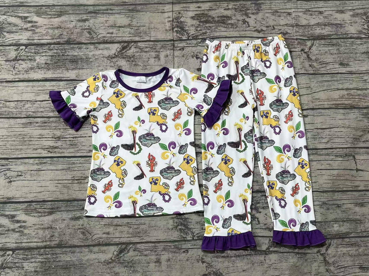 GSPO1921 Baby Girls Mardi Gras Bird Crawfish Shirt Pants Pajamas Clothes Sets