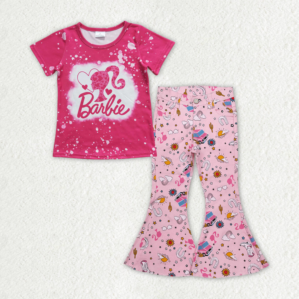GSPO1931 Baby Girls Shirt Pink Denim Jeans Pants Clothes Sets
