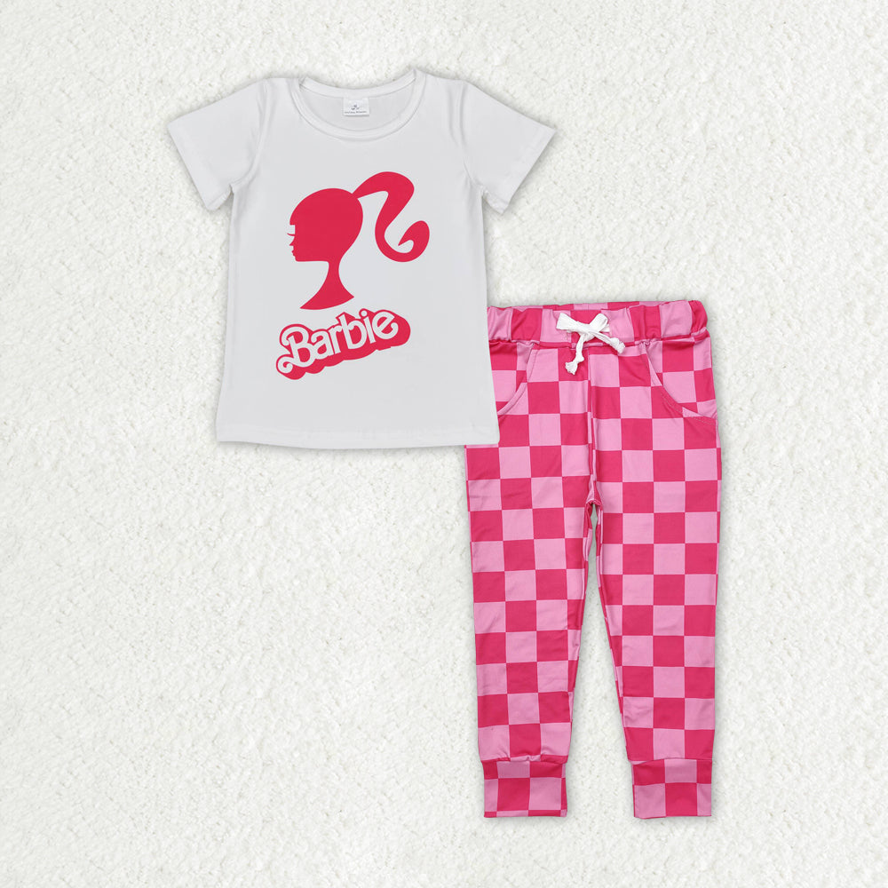 GSPO1933 Baby Girls White Doll Shirt Top Checkered Pants Clothes Sets