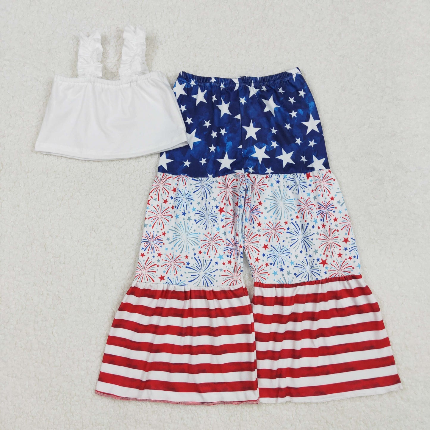 GSPO1959 Stars Firework Stripes Baby Girls 4th of July Crop Top Bell Bottom Pants Clothes Sets