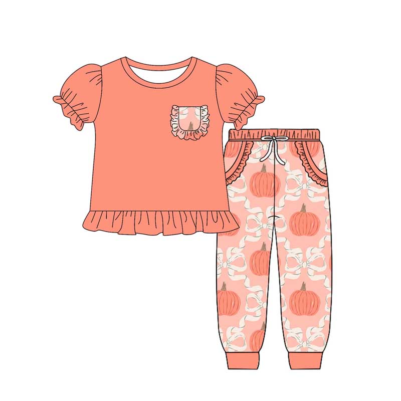 presale GSPO2021 Pumpkin Bow Pattern Lace Pocket Pink Short Sleeve Pants Set D 4.28