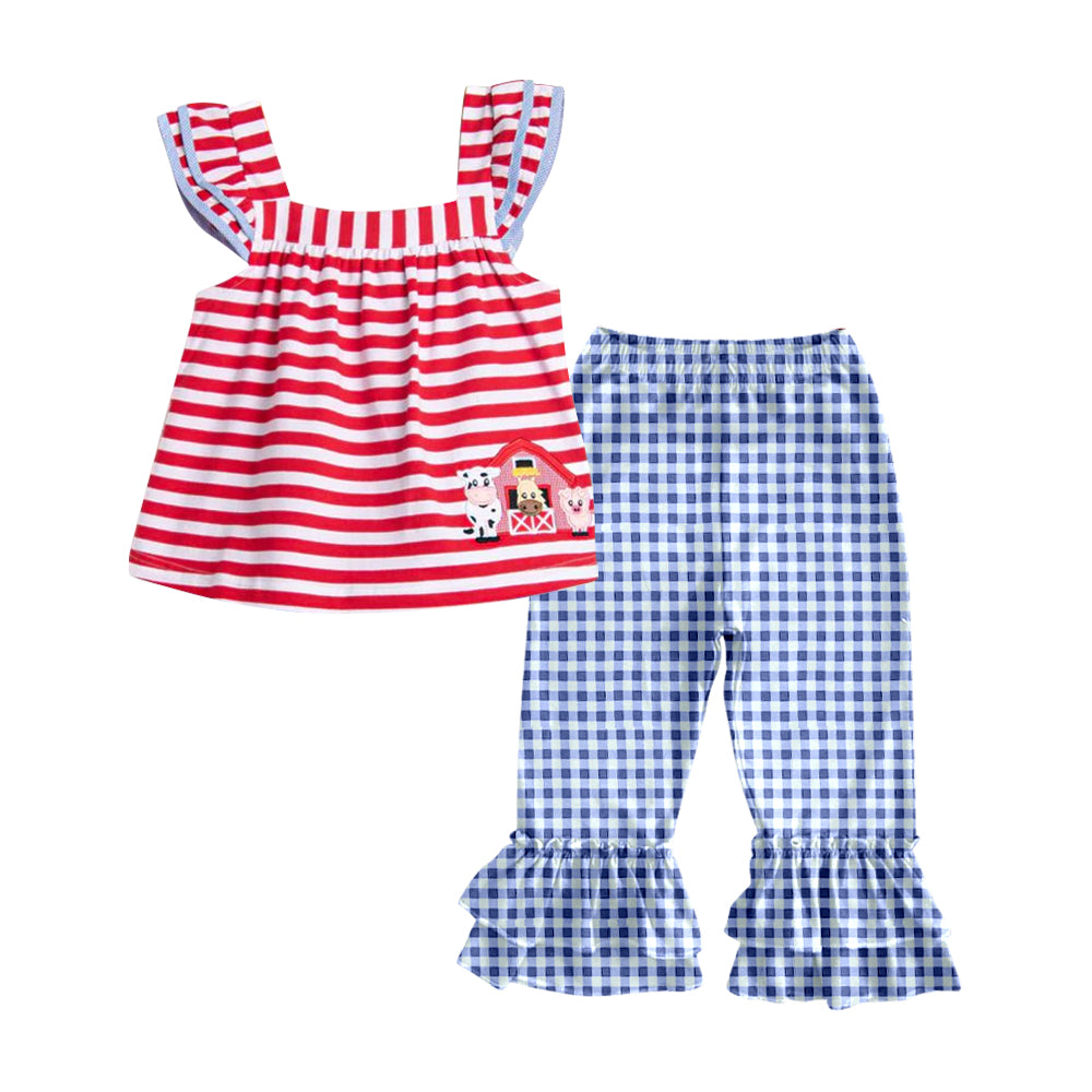 presale GSPO2023 Baby Girls Stripe Flutter Sleeves Cows House Top Plaid Ruffle Pants Farm Set D 5.6