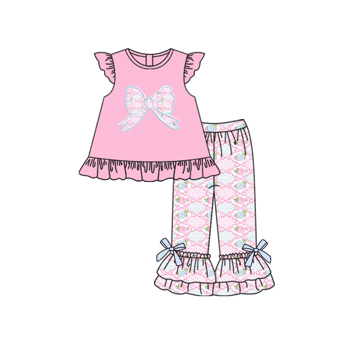 presale GSPO2033 Baby Girls Pink Flutter Sleeves Flower Bows Tunic Ruffle Pants Clothes Set D 5.23
