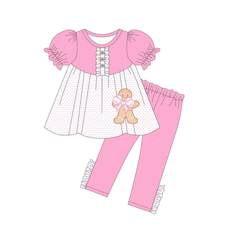 presale GSPO2034 Baby Girls Pink Short Ruffle Sleeves Gingerbread Button Tunic Legging Pants Clothes Set D 5.23