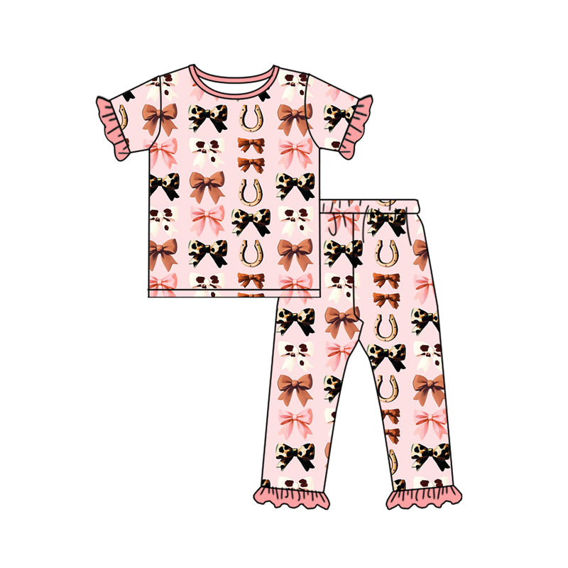 GSPO2035 Baby Girls Pink Short Ruffle Sleeves Bows Horse Shoes Top Pant Pajamas Set D 6.18