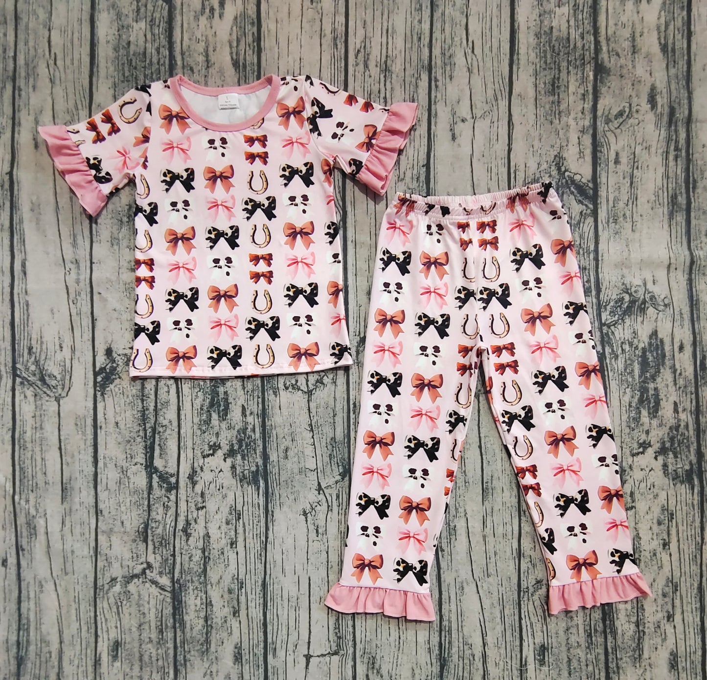 GSPO2035 Baby Girls Pink Short Ruffle Sleeves Bows Horse Shoes Top Pant Pajamas Set D 6.18