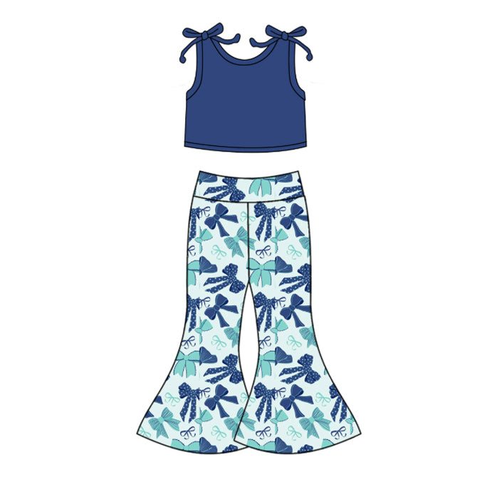 presale GSPO2036 Baby Girls Hot Blue Sleeveless Vest Top Bows Bell Bottom Pant Set D 5.24