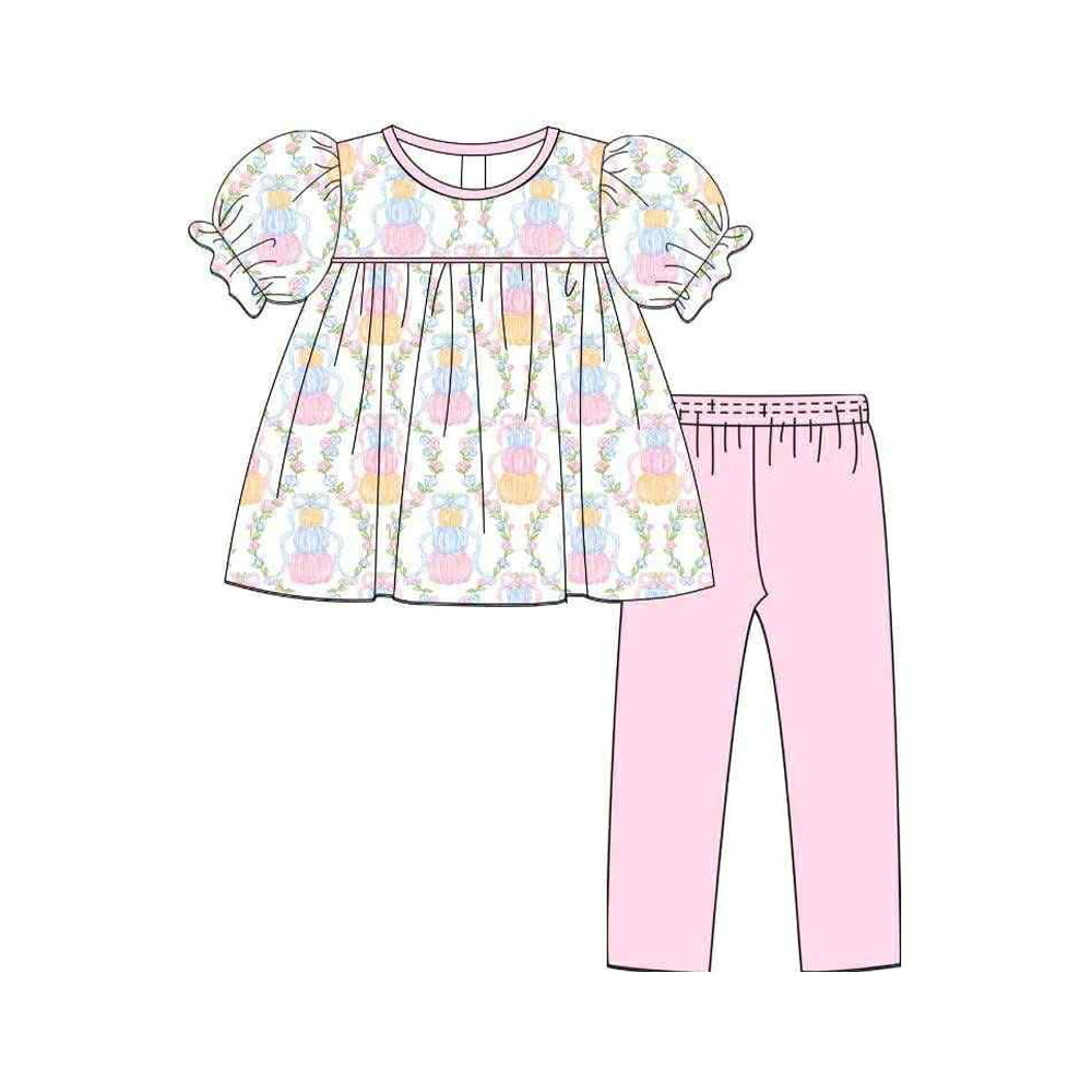 presale GSPO2047 Baby Girls Pink Short Ruffle Sleeves Floral Pumpkin Plaid Tunic Legging Pant Set D 6.3