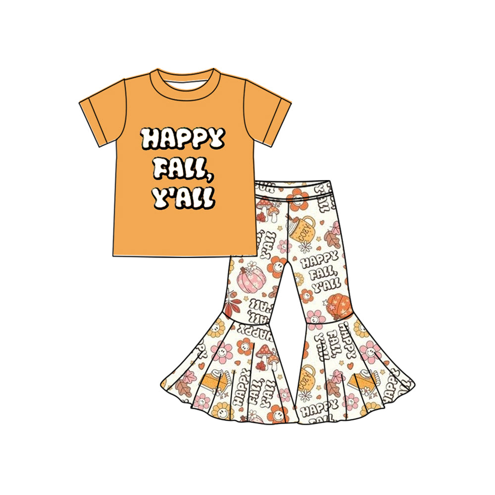 presale GSPO2054 Baby Girls Yellow Short Sleeves Happy Fall Pumpkins Top Bell Bottom Pants Set D 7.5