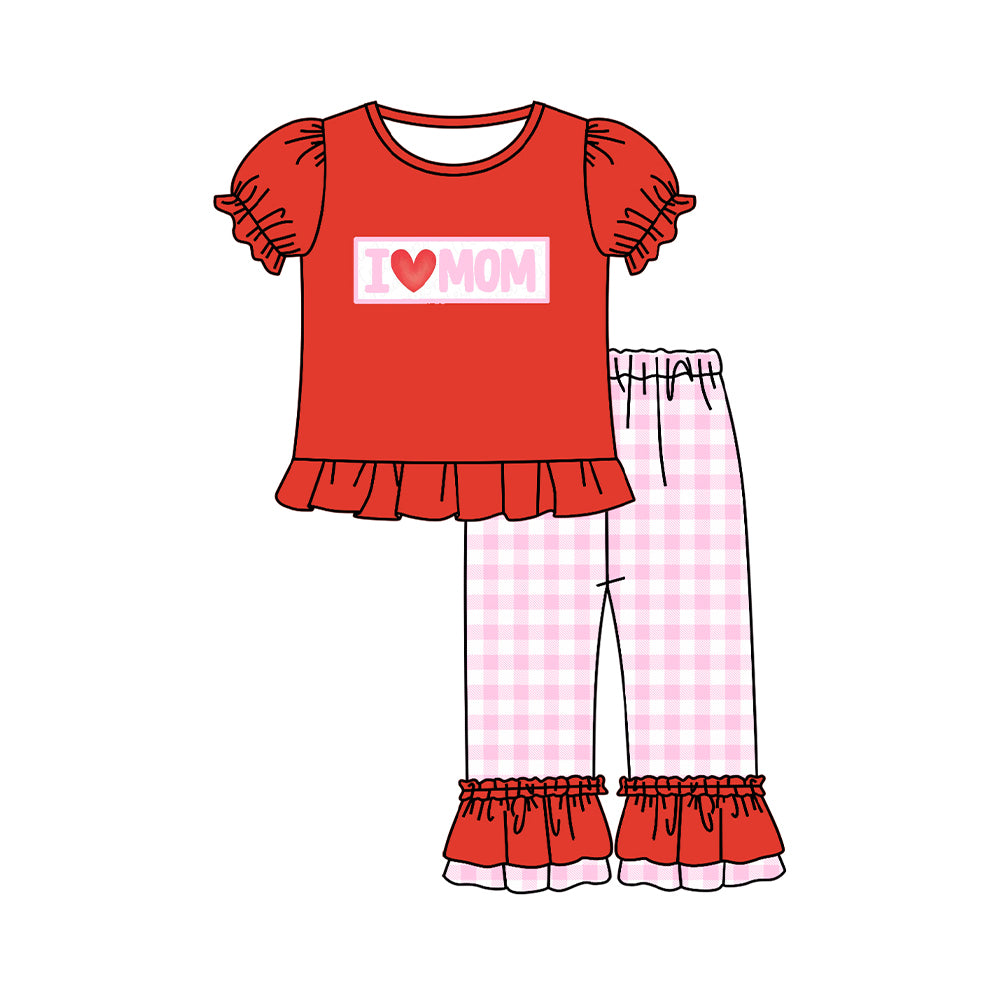 GSPO2071 Embroidery I Love Mom Baby Girls Shirts Checked Ruffle Pants Clothes Sets D 1027
