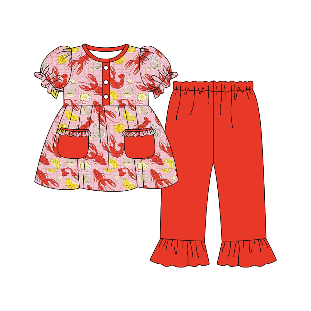 presale GSPO2073 Baby Girls Crayfishes Button Pockets Tunic Ruffle Pants Mardigras Clothes Sets D 917