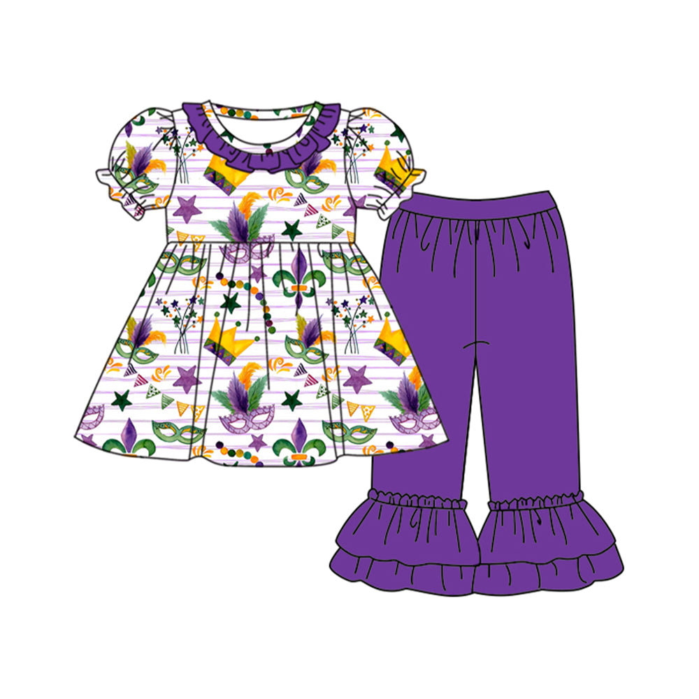 presale GSPO2076 Baby Girls Purple Stripe Anchors Masks Tunic Ruffle Pants Mardigras Clothes Sets D 917