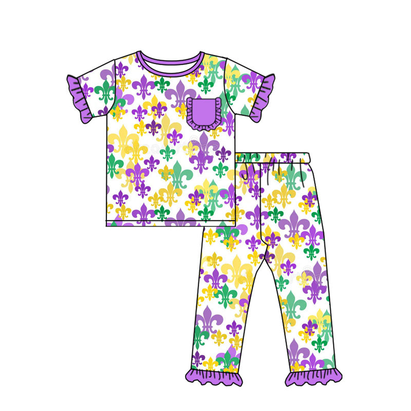 presale GSPO2080 Baby Girls Anchors Checked Pocket Top Ruffle Pants Mardigras Pajamas Sets D 919