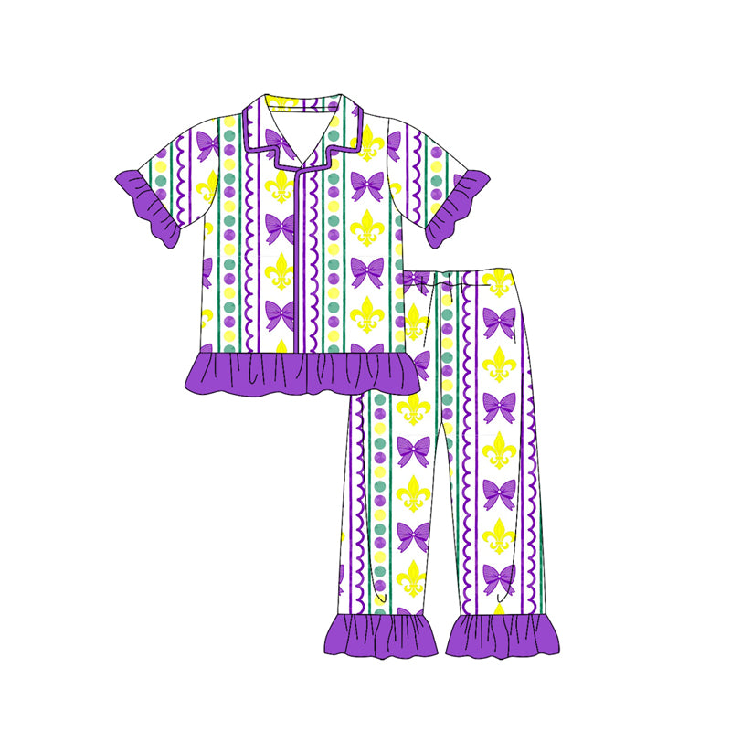 presale GSPO2085 Baby Girls Anchors Bows Strips Button Top Ruffle Pants Mardigras Pajamas Sets D 920
