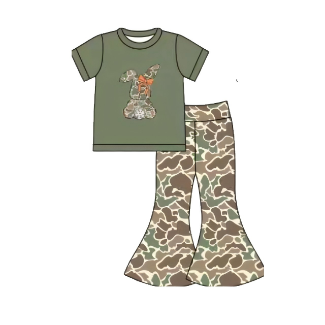 presale GSPO2110 Baby Girls Camo Rabbit Top Bell Bottom Pants Easter Clothes Sets D 1007